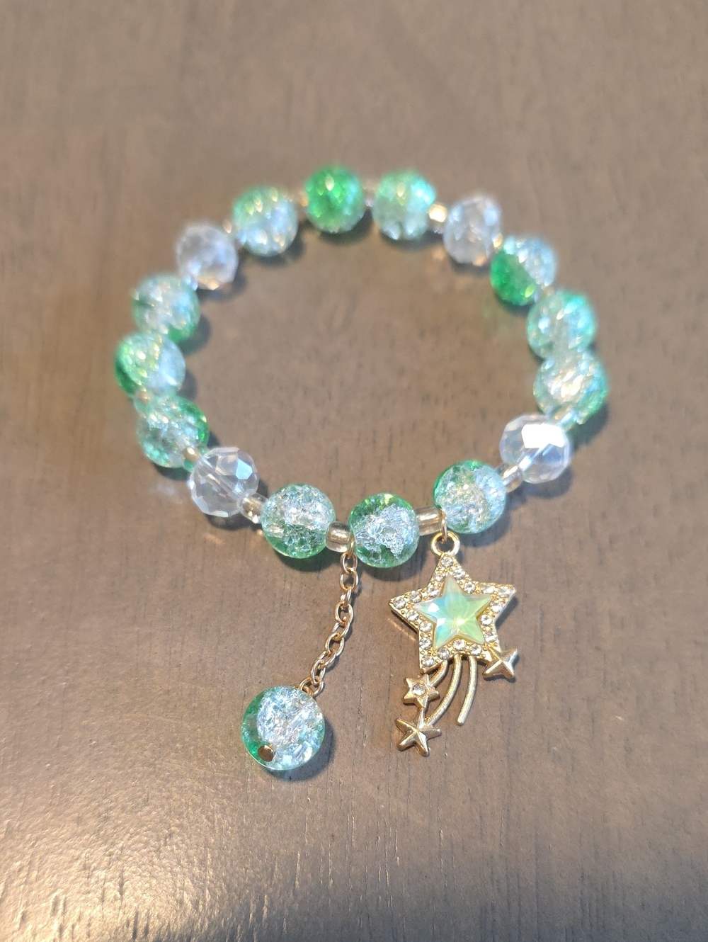 Green & Clear Beaded Stretch Bracelet with Star Charm